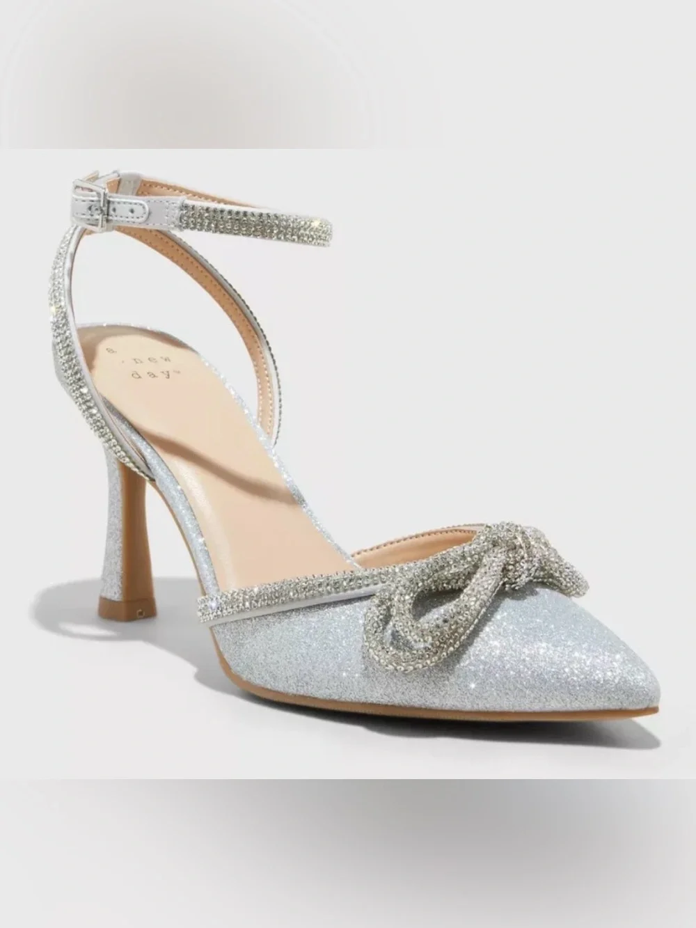 a new day Silver Glitter Pointed Toe Ankle Strap Flats size 7
